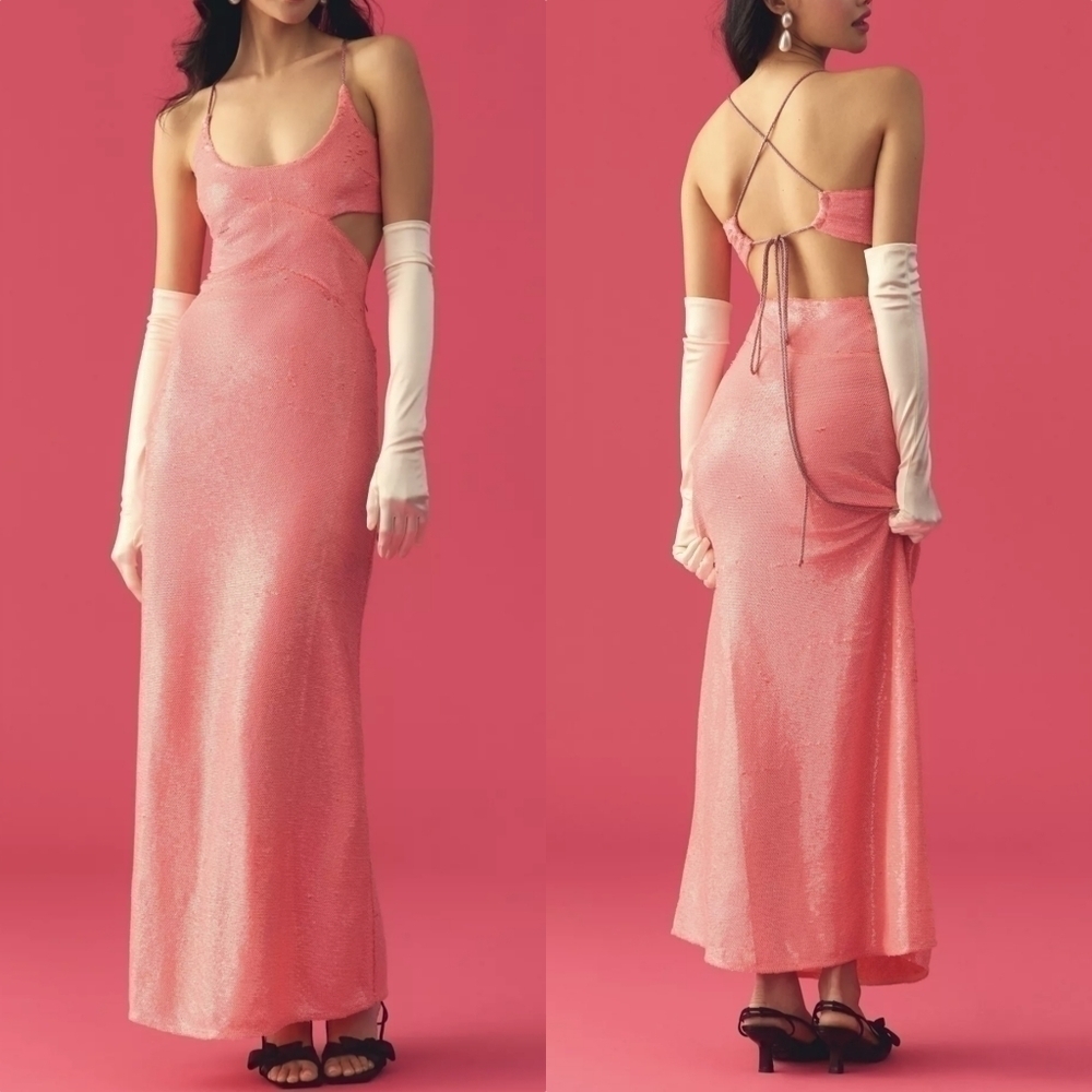 Love the Label Scoop Neck Cut Out Dress in Barbie Pink Sequins Size Large NWT